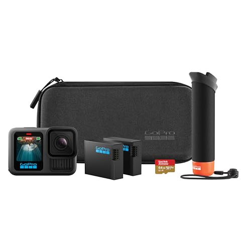 GoPro HERO13 Black Zubehörpaket – enthält den Handler (schwimmender Handgriff), 2 Enduro-Akkus, 2 Gebogene Klebehalterungen, 64GB SanDisk MicroSD-Karte, Tragetasche und mehr