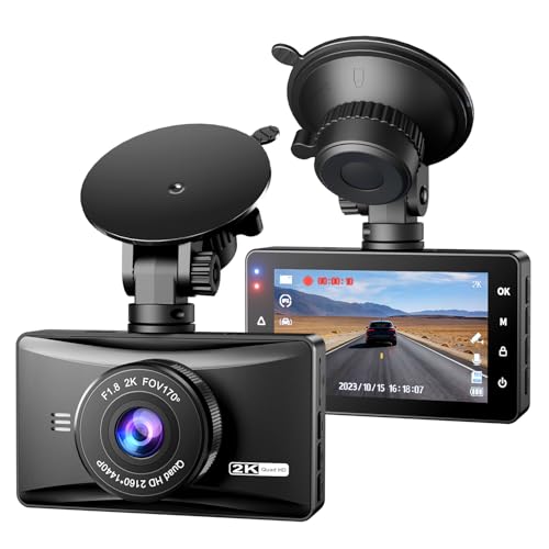 Dashcam Auto Vorne 2K QHD Dash Cam mit 64g SD Karte,3' IPS Bildschirm Dashcam Auto Kamera mit Nachtsicht+WDR,170° Weitwinkel,Loop-Aufnahme,G-Sensor,24/7 Parküberwachung