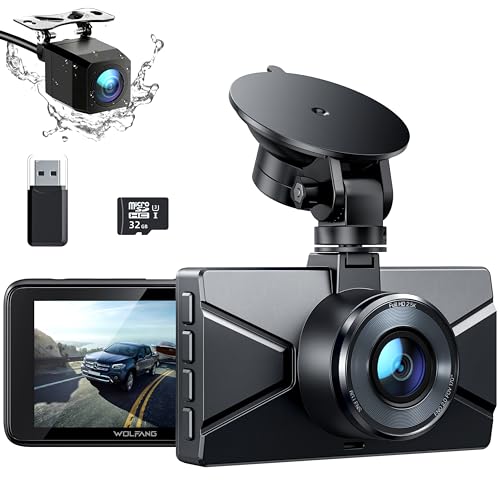 WOLFANG Dashcam Auto Vorne Hinten 2,5K+1080P Auto Kamera, Ultra Nachtsicht,170°Weitwinkel,WDR,24 Std. Parkmodus, G-Sensor, Loop-Aufnahme, Innen mit 32GB SD-Karte
