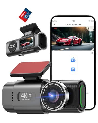 WiFi Dashcam Auto Vorne Hinten,4K+1080P,Auto Kamera,App-Steuerung Autokamera mit 64G SD-Karte,170°+140° Ultraweitwinkel,Mini 1.47 Zoll,Nachtsicht,WDR,G-Sensor,Loop-Aufnahm,Parküberwachung