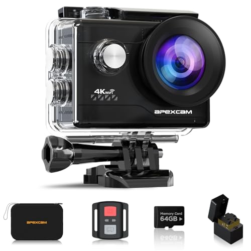 Apexcam M80Air mit 64G Karte Action Cam 4K30FPS 20MP WiFi Sportskamera Unterwasserkamera 40m Wasserdicht 170 ° Weitwinkel 2.4G Fernbedienung 2x1050mAh Akkus mit Zubehör-Set