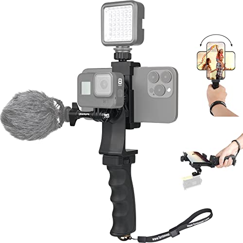 2in1 Ergonomische Tragbare Action Cam+Handy Smartphone SYN Handgriff Stabilisator Kombination Halterung Video Vlogging Rig Einbeinstativ Kit für Gopro iPhone Reisen YouTube Tiktok-Mikrofon+Videolicht