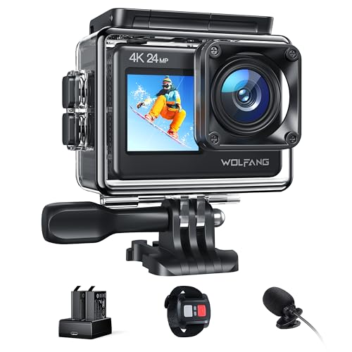 WOLFANG GA200 Action Cam 4K 24MP Unterwasserkamera WiFi 40M wasserdichte EIS Bildstabilisator Touchscreen Helmkamera 170° Weitwinkel Camcorder (Externem Mikrofon, Ladegerät, 2 Akkus und Zubehör Kit)