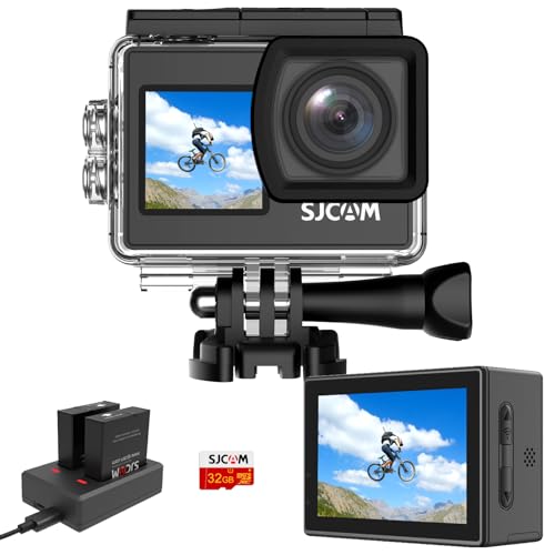 SJCAM Upgraded SJ4000 Action Kamera 4K Ultra HD Dual Screen Unterwasserkamera 98FT Wasserdicht, 170° Weitwinkel, Stabilisierung, WiFi Kamera mit extra Akku, SD Karte, Helm Zubehör Kit