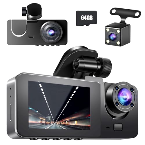 ADSAQOP 1080P Dashcam Auto, 170° Weitwinkel 3-Kanal Dashcam mit 64 GB SD Karte, Front- und Rückkameras mit Nachtsicht und Wasserdichter Funktion, Loop-Aufnahm, G-Sensor, 24H mit Parküberwachung