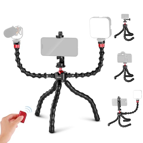 NEEWER T91 Stativ Flexibel mit 2 Magic Arm Reise Mini Handystativ für Vlogging Auslöser/Telefonklemme/Actioncam Halterung kompatibel mit GoPro Hero 13 12 iPhone 16 15 14 Pro Max Sony a7c, max Last 2kg