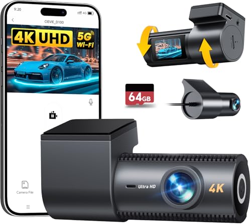 CIEVIE 4K+1080P Dashcam Auto Vorne Hinten mit 64GB SD Karte, 5GHz WiFi Dashcam mit 1,5″ IPS Display, 170° Weitwinkel, G-Sensor, WDR Nachtsicht, Loop-Aufnahme, APP Steuerung, Unterstützt 256 GB Max