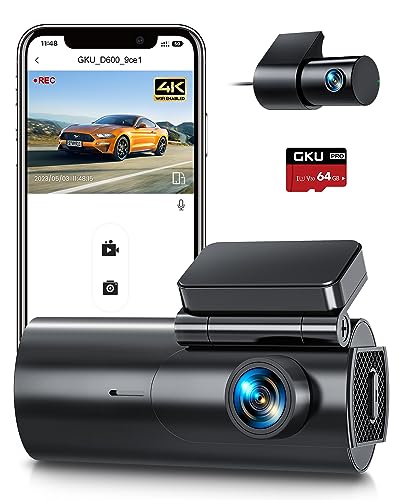 GKU Dashcam Auto Vorne Hinten 4K/2.5K,WiFi Dash Cam mit 64GB SD Karte,Auto Kamera Super Nachtsicht,WDR,170° Weitwinkel,G-Sensor,Loop-Aufnahme, APP Steuerung,24Std. Parküberwachung,Max 256GB (D600)