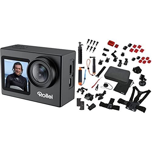 Rollei Actioncam 7S Plus, 4K, mit WiFi & 21643 Actioncam Zubehör Set Sport XL - 49-teiliges Zubehör Set, inkl. Tasche, Mini Stativ und Selfie Stick, kompatibel GoPro Actioncams