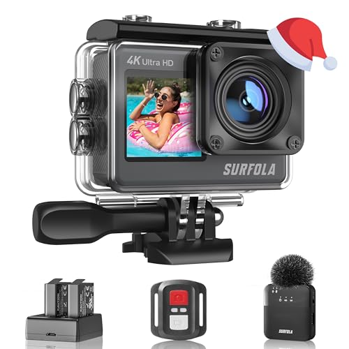 Surfola Action Cam 4K 60FPS Unterwasserkamera, WiFi, 40M wasserdichte Kamera, 170° Einstellbarer Weitwinkel, EIS Helmkamera, Dual-Screen-Camcorder mit kabellosem Mikrofon und 2 Batterien