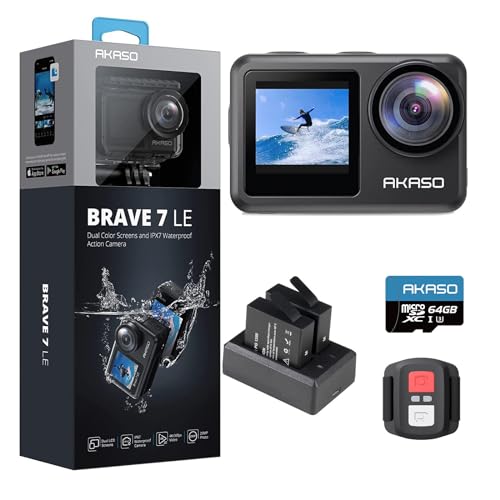 AKASO Brave 7 LE Action Cam 4k30FPS 20MP mit 64GB U3 Speicherkarte Unterwasserkamera IPX7 wasserdicht EIS 2.0 Kamera Touchscreen Doppelbildschirm Sportkamera 40M WiFi