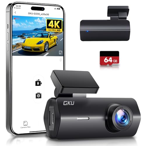 GKU 4K Dashcam Auto,Dashcam Auto vorne,Mini Auto Kamera mit integriertem WLAN,170° Weitwinkel,Nachtsicht,WDR,24H Parküberwachung,Loop-Aufnahme,G-Sensor,Dash cam Vorne inklusive 64GB SD Karte