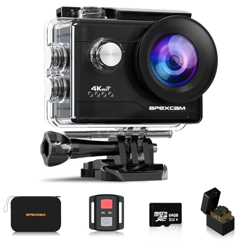 Apexcam 4K Action Cam 20MP mit 64GB Speicherkarte WiFi Sports Kamera Ultra HD Unterwasserkamera 40m 170 ° Weitwinkel 2.4G Fernbedienung Zeitraffer 2x1050mAh Akkus