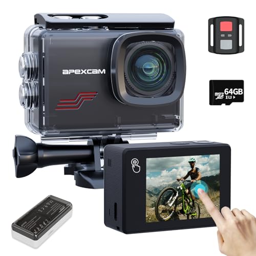 Apexcam M80pro mit 64G Karte Action Cam 4K60FPS 64MP WLAN Sportskamera Unterwasserkamera 40m Wasserdicht 170 ° Weitwinkel 2.4G Fernbedienung 2x1350mAh Akkus mit Zubehör Halterungs-Set