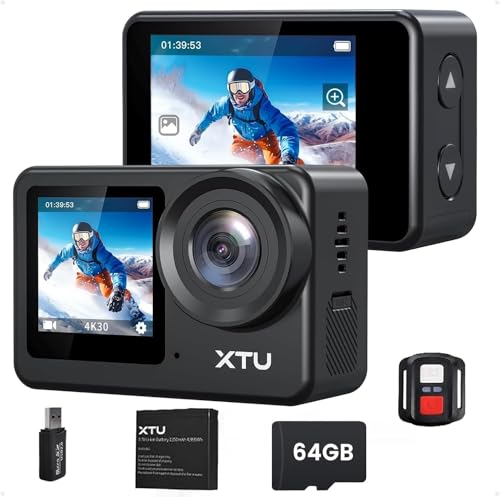 XTU Action Cam 4K30FPS 20MP Ultra HD 2,0 Zoll LCD Touchscreen 40M Unterwasserkamera mit 64GB U3 Speicherkarte,EIS Stabilisierung Action Kamera, 170° Weitwinkel, Fernbedienung und Zubehörkit