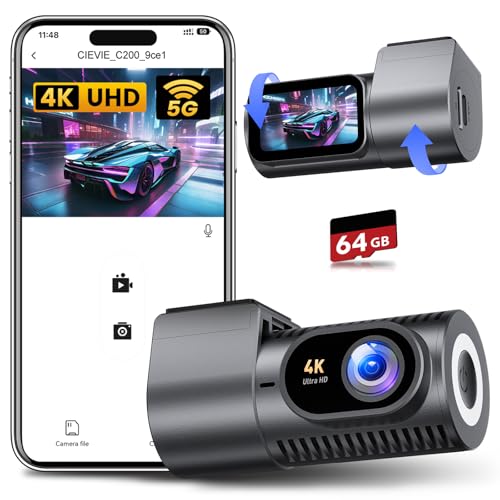 CIEVIE Dashcam Auto Vorne 4K, 1,5' IPS Display & 5G WiFi & 64GB Karte, 360° Drehbar Mini Dash Cam, Auto Kamera mit WDR Nachtsicht, 24/7 Parküberwachung, G-Sensor, Loop-Aufnahme, 170° Weitwinkel, C200