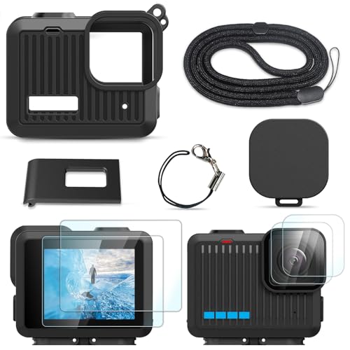 FiTSTILL Silikon-Schutzset für Gopro Hero, direkt wiederaufladbare Batterie-Seitenabdeckung, Objektiv-Displayschutz, Objektivdeckel, verstellbares Trageband