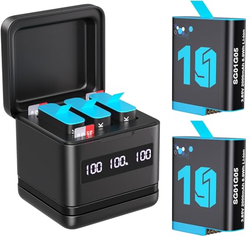 Akku Ladegerät Kit für ƓoPro Hero 12 Black/11 Black/10 Black/9 Black, 2 Pack 2000mAh Ersatzakkus, USB Cable, Typ-C, 3-Kanal LCD Ladegerät (Ladegerät + 2 Akkus)
