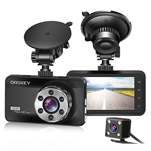 ORSKEY Dashcam Auto Vorne und Hinten 1080P Full HD Autokamera Dual Dashcam Dashboard Kamera Dashcam für Autos 170 Weitwinkel HDR mit 3.0' LCD Display Nachtsicht Bewegungserkennung und G-Sensor