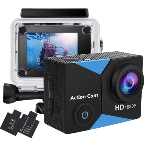 Jadfezy Action Cam FHD 1080P/12MP, Unterwasserkamera wasserdicht bis 30M, 140° Weitwinkel Actionkamera mit 900 mAh wiederaufladbare Akkus und Zubehör-Set