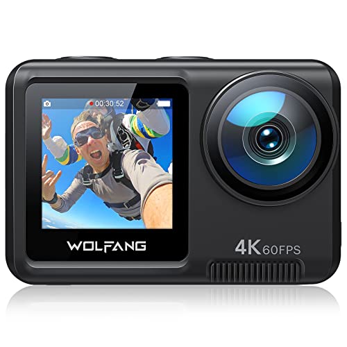 WOLFANG GA420 Action Cam 4K 60FPS 20MP WiFi Unterwasserkamera 40M wasserdichte EIS Bildstabilisator Dual-Screen Helmkamera (Externem Mikrofon, Fernbedienung, 2x1350mAh Akkus und Zubehör Kit)