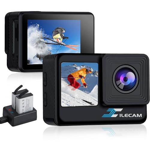 Xilecam Action Cam 4K WiFi wasserdichte Kamera Dual-Bildschirm 131FT Sports Kamera Ultra HD Unterwasserkamera mit 2X 1350mAh Akku undMultifunktionale Zubehörtasche (L500S)