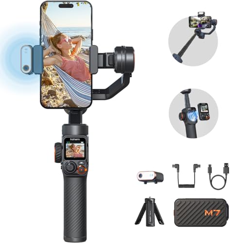 hohem iSteady M7 Gimbal Stabilisator für Smartphone, AI-Tracker CCT/RGB-Fülllicht, 1.4″ Touchscreen Abnehmbarer Controller & Eingebauter Verlängerungsstab, 500g Nutzlast Gimbal für iPhone Android