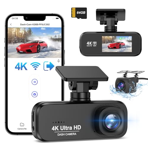 Topabol Dashcam Auto Vorne Hinten 4K+1080P, WiFi DashCam mit 64GB SD Karte, Dashcam Auto Vorne Hinten Kabellos G-Sensor,170° Weitwinkel, auto kamera Super Night Vision, Dash cam Unterstützt 256 GB Max