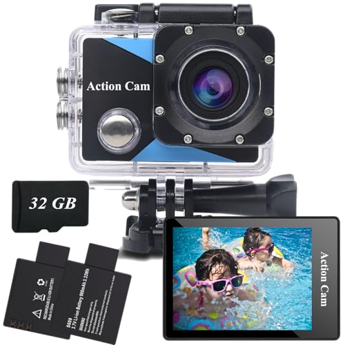 Nvgfelis Action Cam FHD 1080P mit 32GB Speicherkarte, Unterwasserkamera wasserdicht bis 30M, Actionkamera mit 2×900 mAh wiederaufladbare Akkus und Zubehör-Set(1080P＋32GB