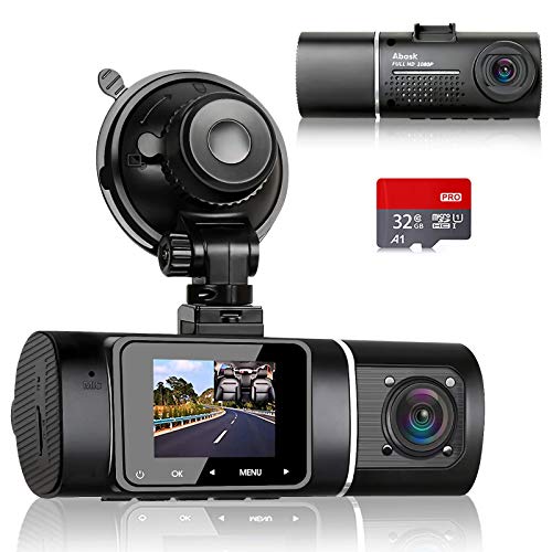 Abask J05 Dashcam Auto Dual 1080P Infrarot Nachtsicht Dash Cam Vorne Innen mit 32GB SD-Karte, 310° Weitwinkel, Autokamera mit Parküberwachung und Bewegungserkennung, G-Sensor, HDR, Loop-Aufnahm, Akku