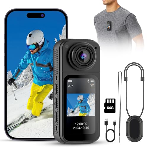 Lottsall Action Cam 64GB 180° Drehbar 2,7K HD Kamera mit 1,47-Zoll-Display, Freihand-POVs, APP-Steuerung, 120° Weitwinkel Kleine Kamera für Vlogs, Sport, Reisen, Outdoor, Bodycam