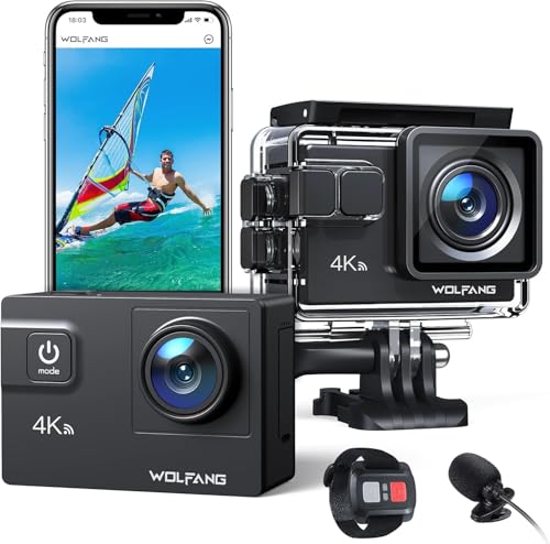 WOLFANG GA300 Action Cam 4K 60FPS 24MP Unterwasserkamera WiFi 40M wasserdichte 2.0 EIS Bildstabilisator Touchscreen Helmkamera 8X Zoom (Externes Mikrofon, 2x1350mAh Akkus und Zubehör Kit)