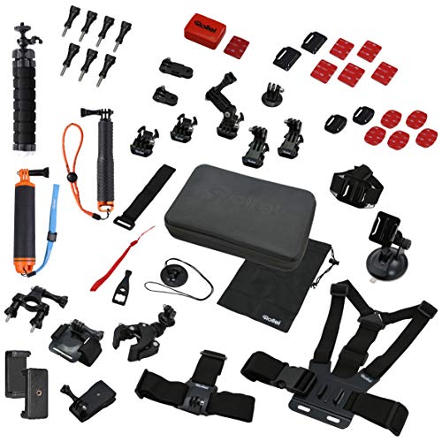 Rollei 21643 Actioncam Zubehör Set Sport XL - 49-teiliges Zubehör Set, inkl. Tasche, Mini Stativ und Selfie Stick, kompatibel mit allen Rollei und GoPro Actioncams