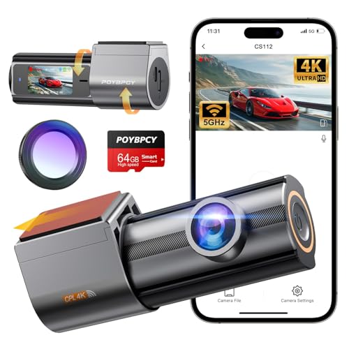 Dashcam Auto Vorne 4K WiFi Dash Cam 360° Drehbar mit 64GB SD Karte, 1.47' IPS Mini Auto Kamera mit CPL, Super Nachtsicht, WDR, 170° Weitwinkel, G-Sensor, Loop-Aufnahme, APP Steuerung, Max 256GB