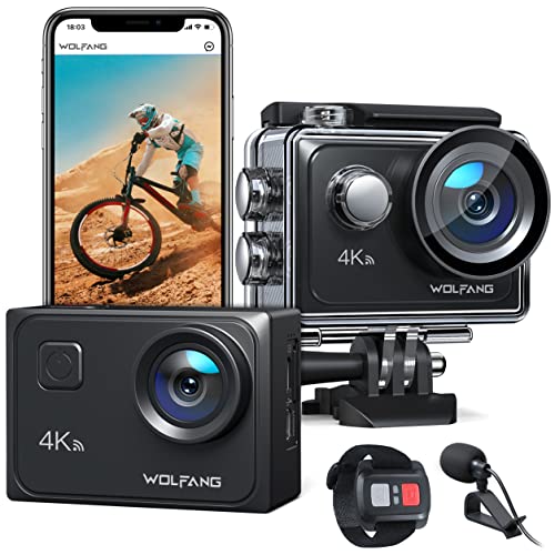 WOLFANG Action Cam 4K 60FPS, GA300 20MP WiFi Unterwasserkamera, 40M wasserdichte Helmkamera mit Touchscreen 8X Zoom 6-AXIS EIS (Externes Mikrofon, 2.4G Fernbedienung, 2x1350mAh Akkus und Zubehör Kit)