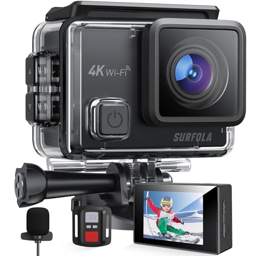 Surfola Action Cam 4K, Unterwasserkamera 40M Wasserdicht 20MP EIS Bildstabilisierun 170° Weitwinkel Helmkamera WiFi Actionkameras mit Externem Mikrofon 2 Akkus und Zubehör Kit 2.4G Fernbedienung