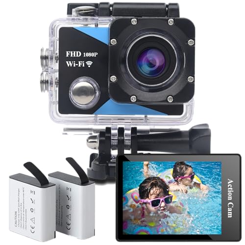 Nvgfelis WiFi Action Cam FHD 1080P, Unterwasserkamera wasserdicht bis 30M, Actionkamera mit 2×1050 mAh wiederaufladbare Akkus und Zubehör-Set
