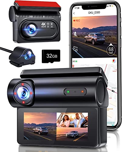 GKU 3 Kanal Dashcam 5GHz WiFi GPS, 4K+1080P Vorne und Hinten, 2.5K +1080P+1080P Auto Kamera mit 32G SD Karte, IR Nachtsicht, 24h Parküberwachung, 3.16' IPS Dash Cam, G-Sensor, Loop-Aufnahme, Max 512GB