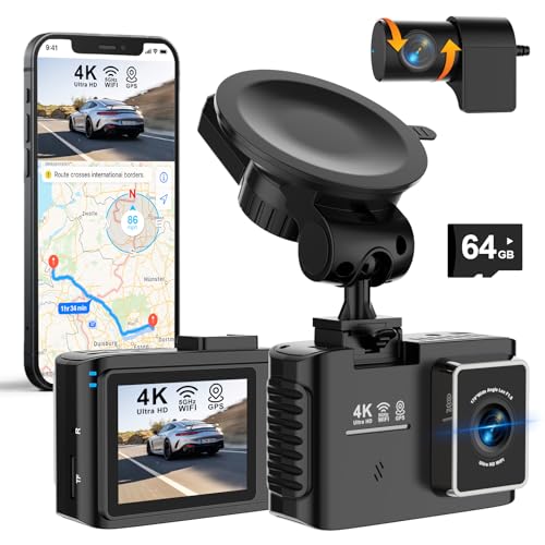 Dashcam Auto Vorne Hinten 4K/2.5K, 5GHz WiFi Dash Cam mit GPS, 2.0' IPS, 170°Weitwinkel, Dual Auto Kamera mit Akku, 24Std Parküberwachung, Super Nachtsicht, WDR, G-Sensor, Loop-aufnahme, 64GB SD Karte