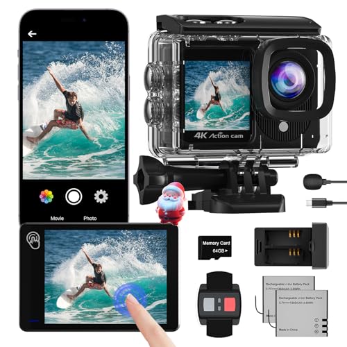 Dual Screen Action Cam 4K Mit 64GB Karte, 48MP WiFi ActionKameras, 40M Unterwasserkamera Mit EIS,170° wasserdichte Helmkamera mit Fernbedienung, Mikrofon, 2 Batterien,Sportkamera Helmhalterung Zubeh