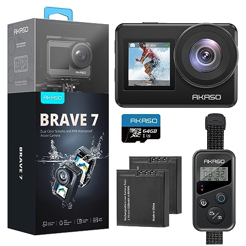 AKASO Brave 7 Action Cam 4K30FPS mit 64GB U3 microSDXC Speicherkarte 20MP WiFi Unterwasserkamera IPX8 Wasserdicht Action Kamera EIS 2.0 mit Touchscreen, Zoom, Sprachsteuerung und 2x1350mAh Akkus