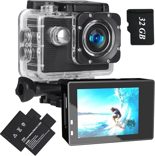 Xilecam Action Cam 1080P Helmkamera mit 32GB Karte, Unterwasserkamera wasserdicht bis 40M，Action Kamera mit Zwei wiederaufladbare Akkus und Accessories