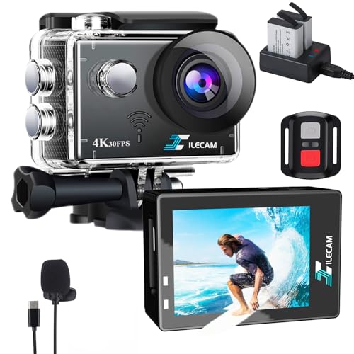 Xilecam Action Cam 4K WiFi/2,4G Fernbedienung 2 * 1350mAh Akku wasserdichte Kamera Unterwasser 131FT 4*Zoom Unterwasserkamera und Multifunktionales Zubehör (X8000Pro)