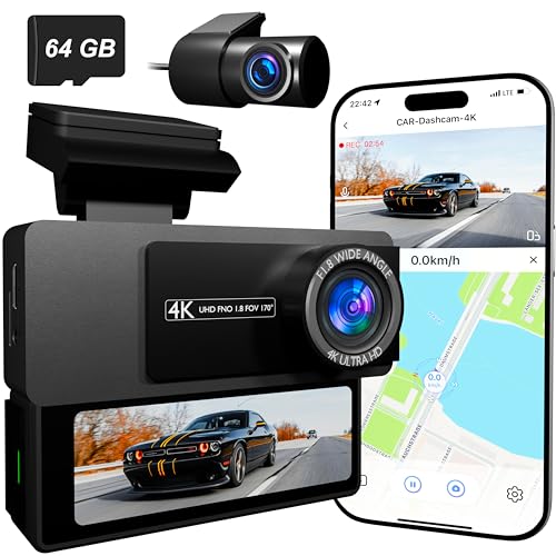 Dashcam Vorne+Hinten 4K/2K inkl. 64GB SD-Karte, 3,2' IPS Bildschirm, Night Vision, Parkraumüberwachung, Loop-Aufnahme, G-Sensor, WDR, GPS, WiFi, App