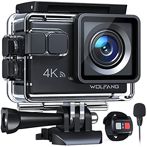 WOLFANG Action Cam 4K, Ultra HD 20MP WiFi Unterwasserkamera, 170° Weitwinkel 40M wasserdichte Helmkamera mit EIS Anti-Shake (Externem Mikrofon, 2.4G Fernbedienung, 2 Akkus und Zubehör Kit)