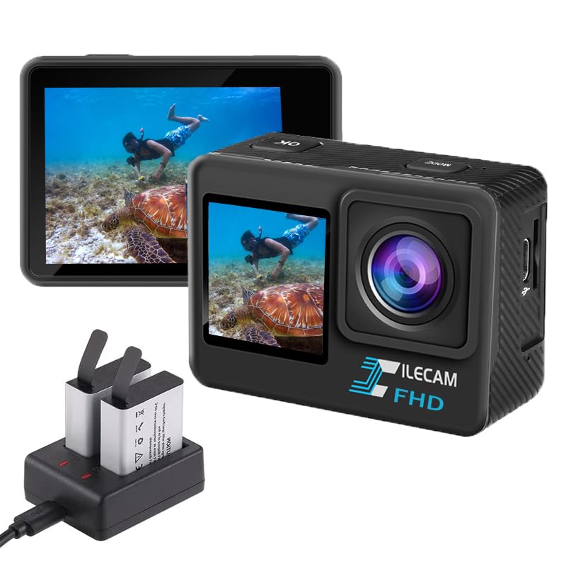 Xilecam Dual Screen Action Cam 1080P /WiFi wasserdichte Kamera, 4 x Zoom, 131 Fuß (40 m), wasserdichte Unterwasserkamera mit 2 x 1050 mAh Akku und Multifunktionalem Zubehör(L300)