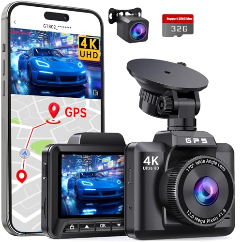 Dashcam Auto Vorne Hinten 4K+1080P, Dashcam Auto mit GPS WiFi, Dual Auto Kamera mit 32GB Karte, 170° Weitwinkel,Super Nachtsicht WDR,24H Parküberwachung,G-Sensor,Loop-Aufnahme,APP Steuerung,Max 256GB