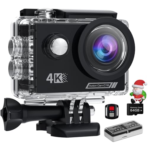 4K Action Cam mit 64G SD Card, 40M Unterwasserkamera WiFi 170° Helmkamera HD 20MP Wasserdicht Actionkameras EIS mit 2.4G Fernbedienung 2* Akkus Helmhalterung Zubehör Kits