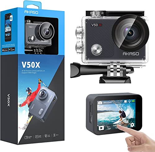 AKASO Action Cam 4K30FPS Unterwasserkamera WiFi 40M EIS Anti-Shake Action Kamera 4X Zoom mit Touchscreen, Fernbedienung, Sportkamera Wasserdicht Gehäuse,Helmzubehör-Kit V50X