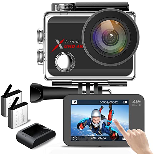 Action Cam 4K 60FPS, 20MP Touchscreen WLAN Unterwasserkamera Wasserdicht 40M Ultra HD Einstellbar Weitwinkel EIS Actioncam mit externes Batterieladegerät und 2 Akkus